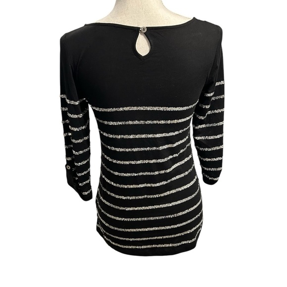{Guess} Black & Silver 3/4 Sleeve Striped Women's Blouse - Picture 2 of 4